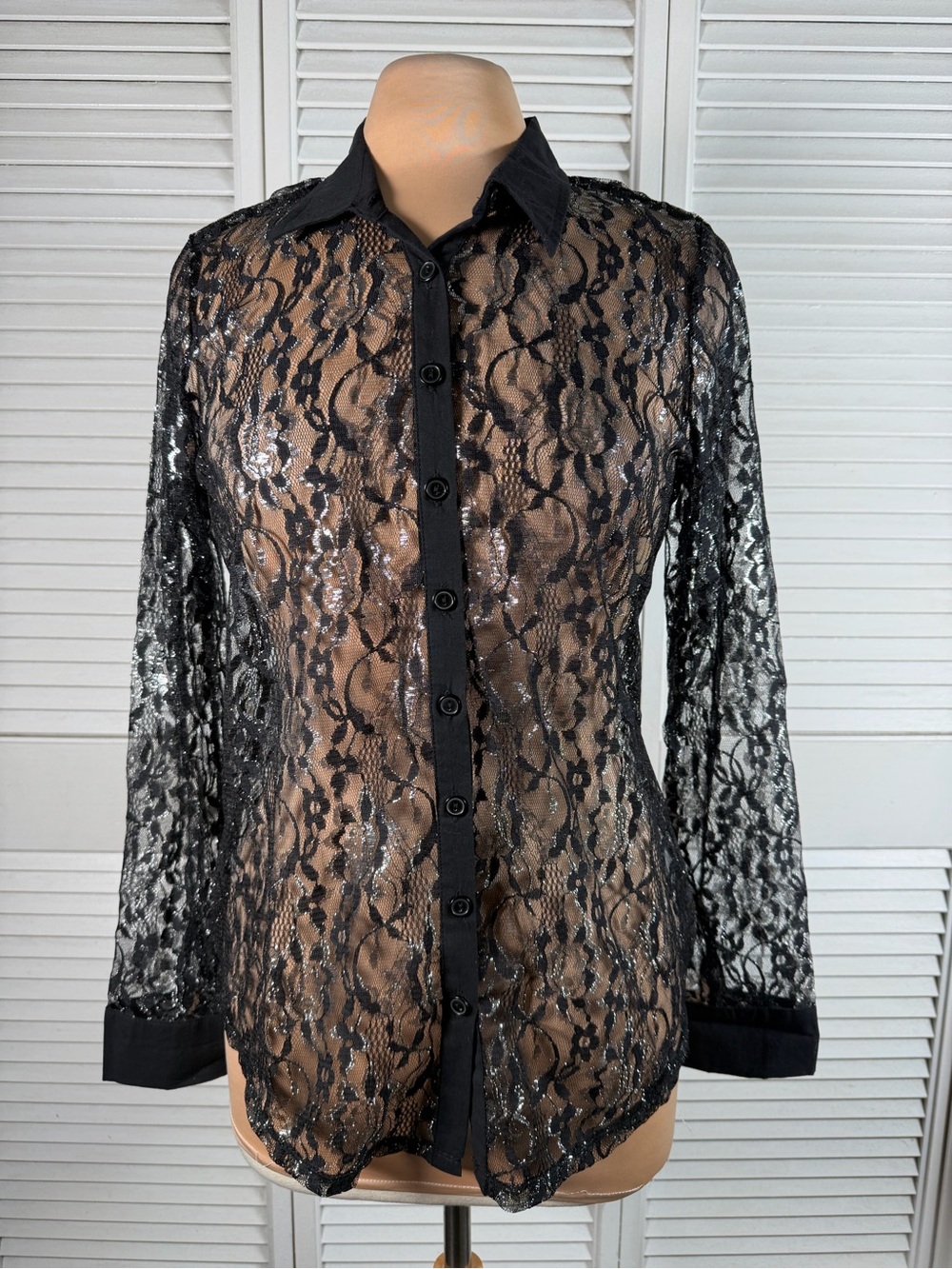 Bongo Sheer Lace Button Down Blouse XL Black Metallic Long Sleeve Sexy